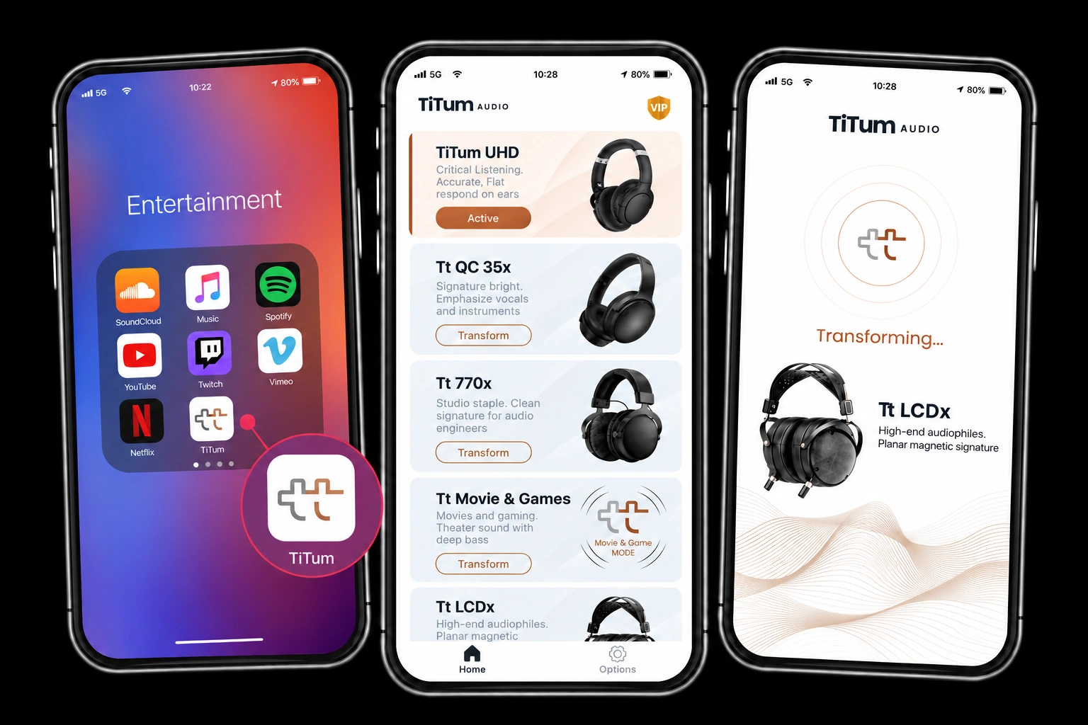 TiTum app showing the sound-profile collection and transformation screen in phones